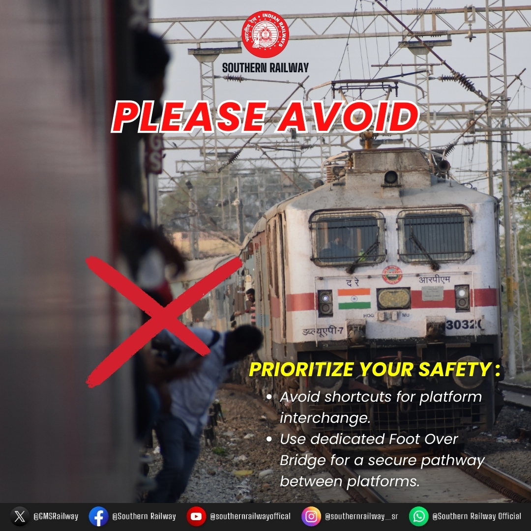 GMSRailway's tweet photo. Would you risk your life to save a few seconds?

Please prioritize your safety and avoid shortcuts when changing platforms. 

#IndianRailways #SafetyFirst #SouthernRailway https://t.co/9MSmwKBAVd