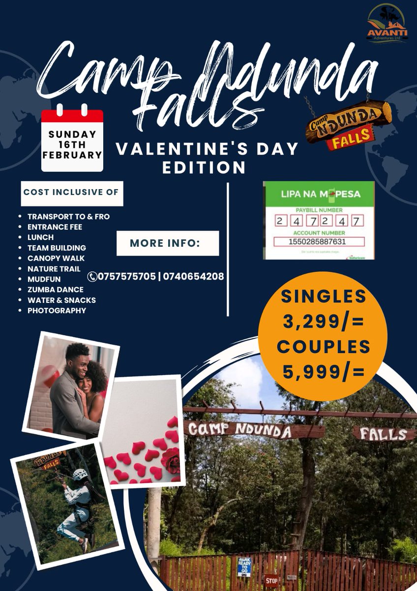 j_guchu's tweet photo. @biz_kot 🌟 Join Us for an Unforgettable Day Trip! 🌟

Celebrate love and adventure this Valentine’s season with Avanti Adventures Ltd!

📍 Destination: Camp Ndunda Falls
Date: Sunday, 16th February

💰 Packages:

Couples: Ksh 5,999

Singles: Ksh 3,299 https://t.co/Ef5hegbLKO