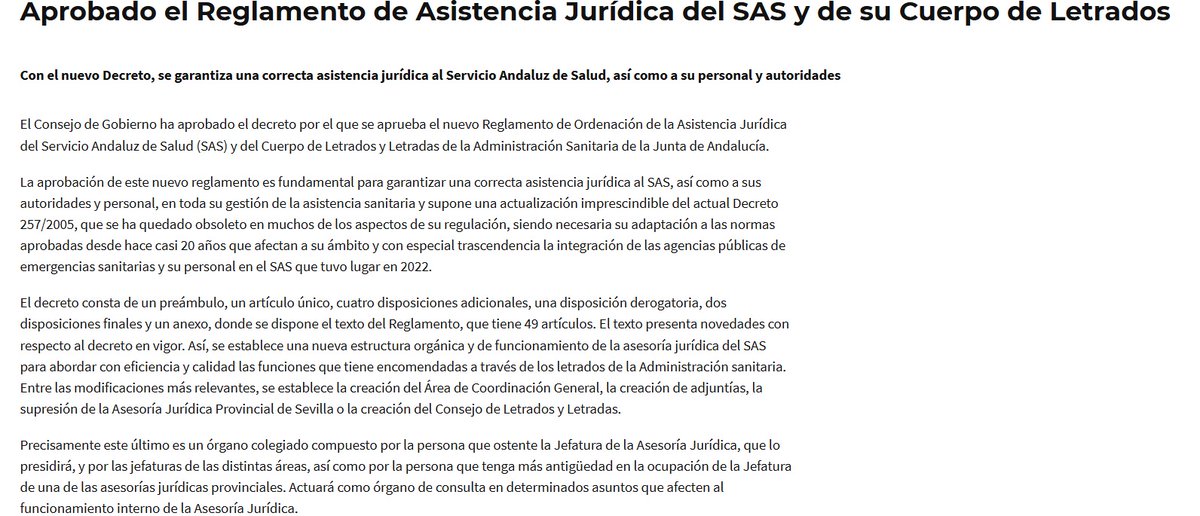 El Consejo de Gobierno de la Junta de Andalucía aprobó ayer el nuevo Reglamento de Asistencia Jurídica al SAS y su Cuerpo de Letrados.

¡Enhorabuena compañeros!