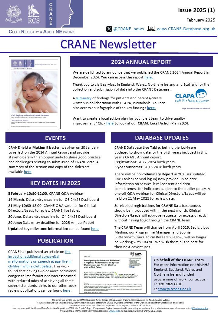 CRANE (@crane_news) on Twitter photo π§ Have you read our winter newsletter?
Including updates on
π 2025 Workshops and Webinars
π Latest publications
π CRANE Annual Report
π Key Dates for 2025
Download it here crane-database.org.uk/?s=newsletter
CRANE is a
<a href="/CLAPACOMMUNITY/">Cleft Lip and Palate Association</a>
<a href="/CFSGBI/">CFSGBIconference</a>
collaboration π§ Have you read our winter newsletter?
Including updates on
π 2025 Workshops and Webinars
π Latest publications
π CRANE Annual Report
π Key Dates for 2025
Download it here crane-database.org.uk/?s=newsletter
CRANE is a
<a href="/CLAPACOMMUNITY/">Cleft Lip and Palate Association</a>
<a href="/CFSGBI/">CFSGBIconference</a>
collaboration