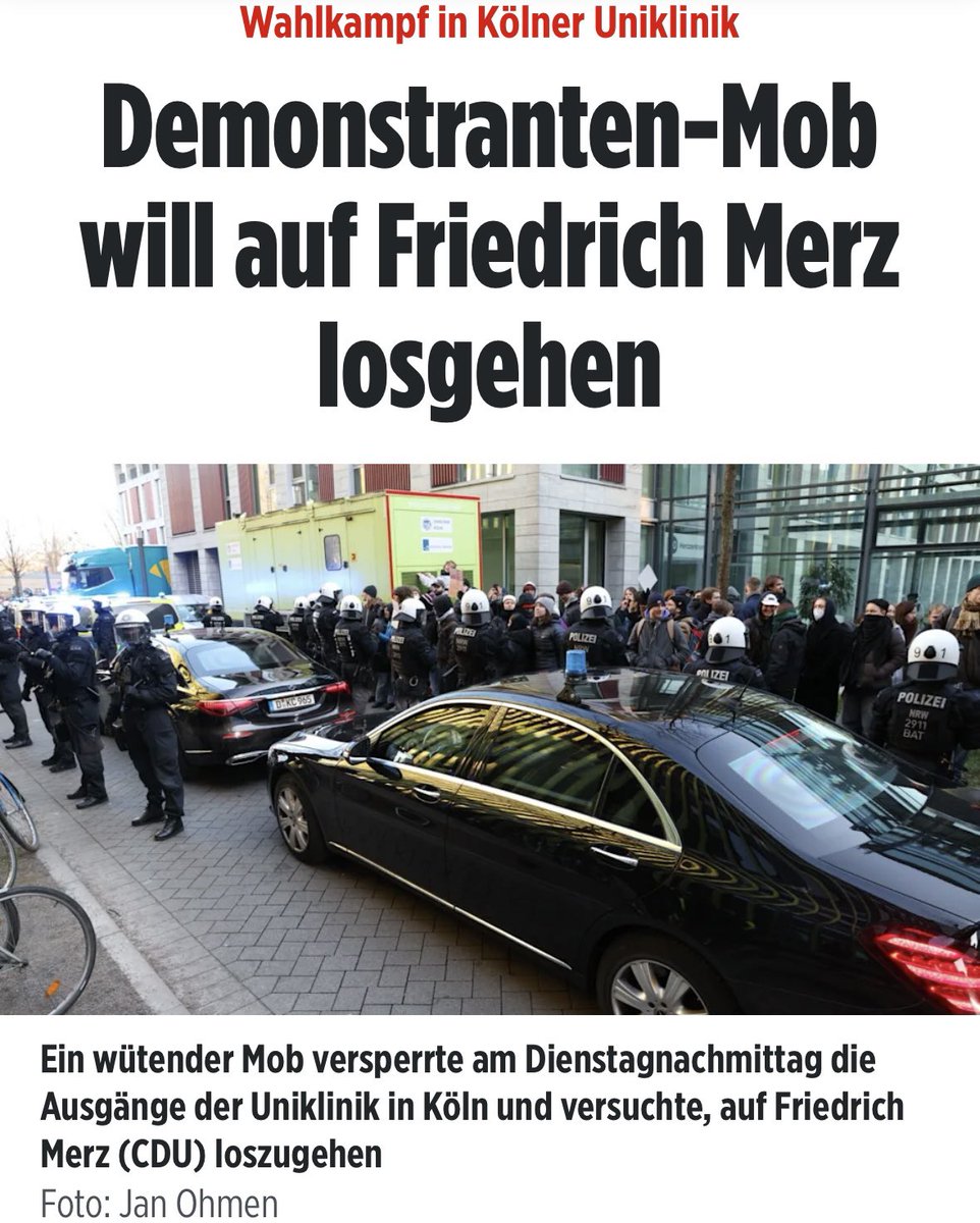 Wenn „Demonstranten“ - teilweise vermummt - vor Uniklinik Köln versuchen, auf <a href="/_FriedrichMerz/">Friedrich Merz</a> loszugehen und das nur durch Großaufgebot der Polizei verhindert werden kann, dann dürfen anständige Demokraten nicht schweigen. Gewalt gegen Sachen oder Menschen darf nie Mittel der