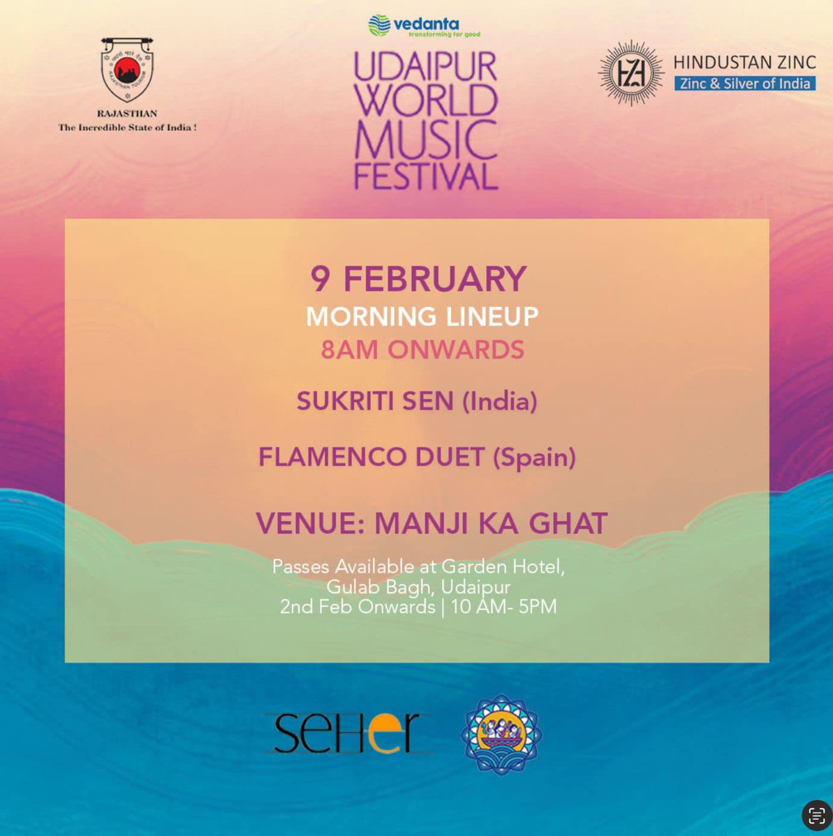 9th Feb MORNING LINEUP for #VedantaUdaipurWorldMusicFestival is here!
Join us on 9th February from 8 AM onwards at Manji Ka Ghat for soulful performances by Sukriti Sen (India) and Flamenco Duet (Spain)

Grab your passes from Garden Hotel, Gulab Bagh, Udaipur, 10 AM - 5PM
.