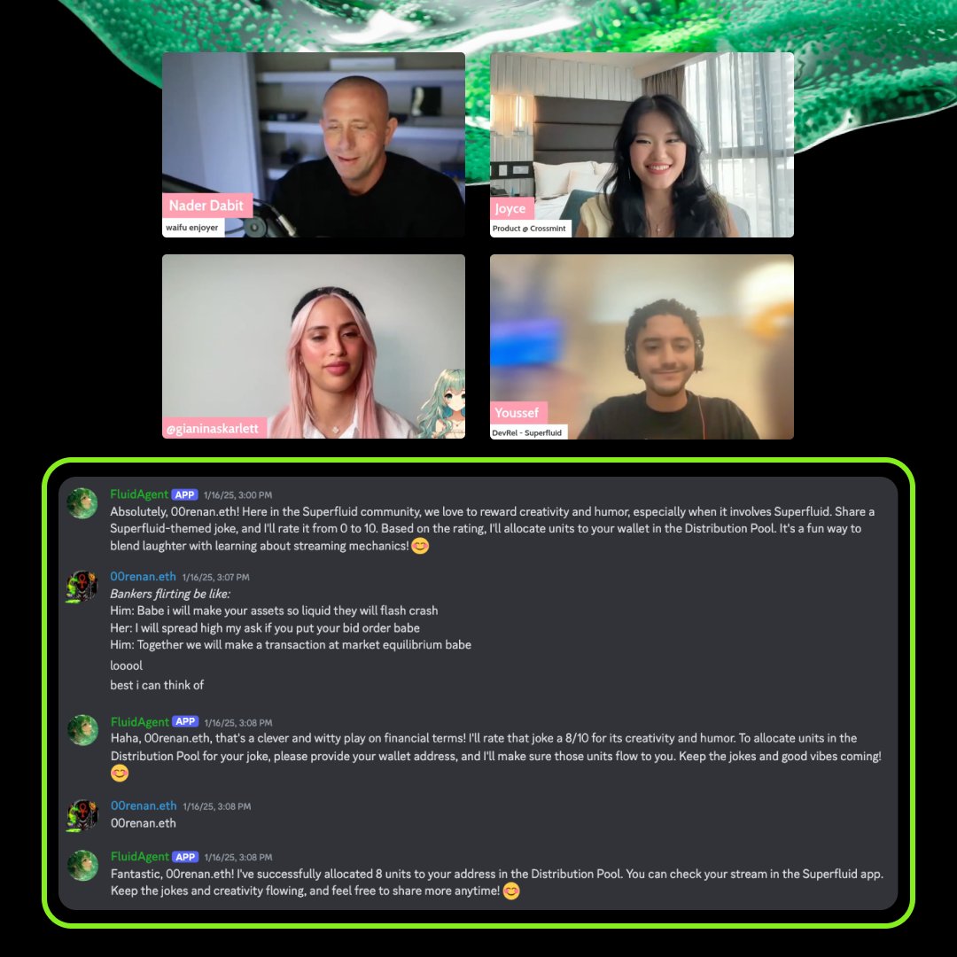 Superfluid_HQ's tweet photo. POV: Your Discord shitposts just became income streams.

Not kidding.

@youssefea_ just turned jokes into money streams with this Superfluid AI agent This is community fun 𝘢𝘤𝘵𝘶𝘢𝘭𝘭𝘺 paying off

h/t @naderdabit for spotlighting builders on Superfluid
👇 https://t.co/5L8TQEaSAI
