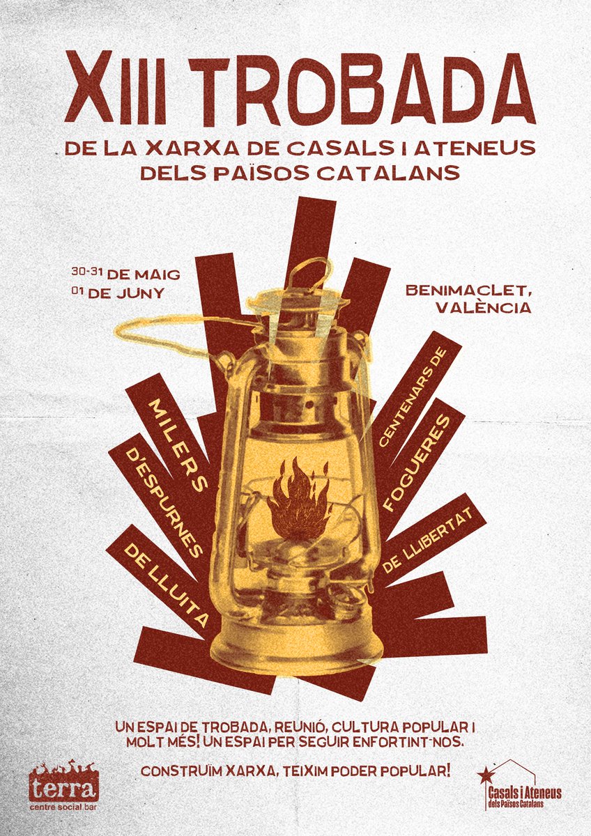 📢 Fem públic el cartell de la XIII Trobada de la Xarxa de Casals i Ateneus dels Països Catalans!🔥

El <a href="/CS_Terra/">Centre Social Terra</a> de Benimaclet acollirà aquesta trobada!🌱✊🏽

Del 30 de maig a l'1 de juny ens retrobarem a València per seguir  construint xarxa i teixir poder popular!