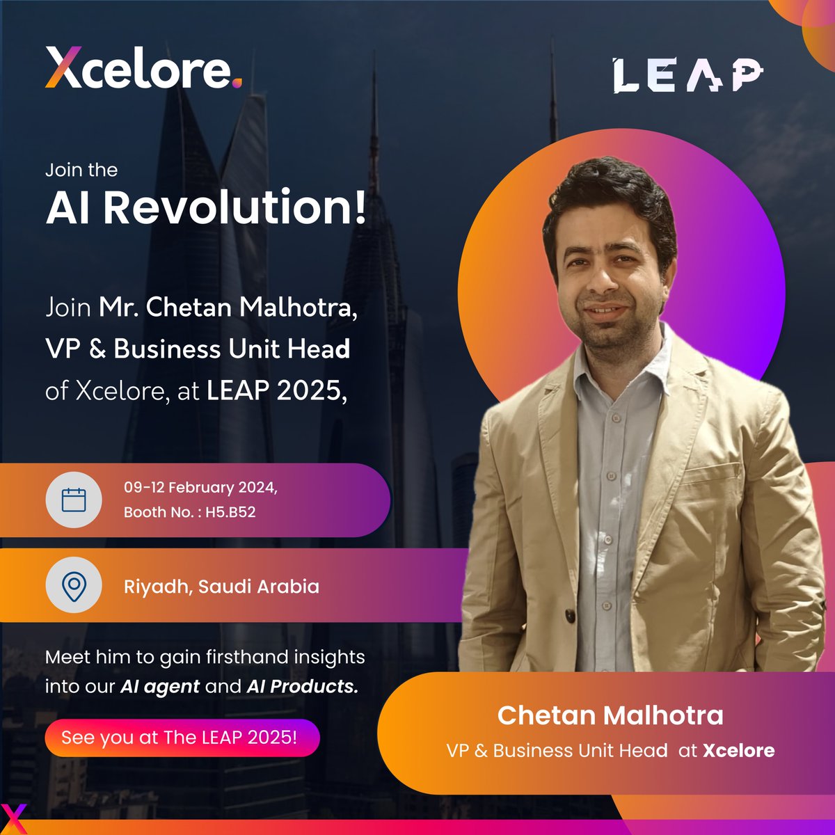XceloreDigital's tweet photo. Join us at #Booth H5.B52 as we showcase our expertise in #AI/ML, #IoT, #AR, and #ComputerVision and their real-world impact.

Venue: Riyadh Exhibition and Convention Center, #Malham,
Dates: 9–12 February 2025

Be part of the future of AI. See you at #LEAP2025!
 #AIInnovation #AI https://t.co/1ETtoSHQi8