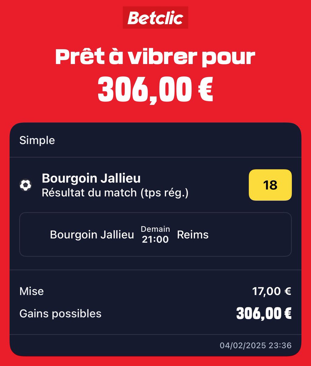 Alerte cote🚨
C’est quoi déjà l’expression ?
Jamais 2 sans 3
Bourgoin la double chance à 5,56 en manuel ça se prend tous les jours (et ça va baisser)
Surtout contre Reims en méforme et qui vient de virer son coach
 20€ à un des RT si le pari passe😁
#TeamParieur #CoupeDeFrance