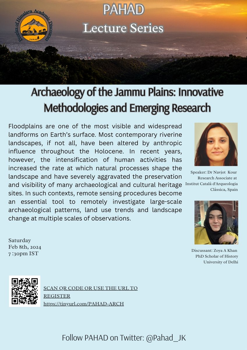 Sharing an updated Flyer for the event.
Dr Navjot Kour will be joined by Zoya A Khan, PhD Candidate (History) at the University of Delhi, as the Discussant for the event! 
REGISTER here: tinyurl.com/PAHAD-ARCH
#Archaeology #History #Riverine