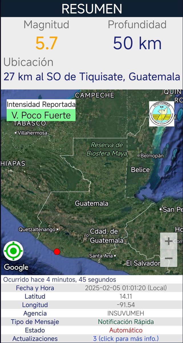 jaquinoo_'s tweet image. Según el @insivumehgt se registró un #temblorgt con una magnitud de 5.7 a 27 km al Sur Oeste de Tiquisate. #noticiasgt