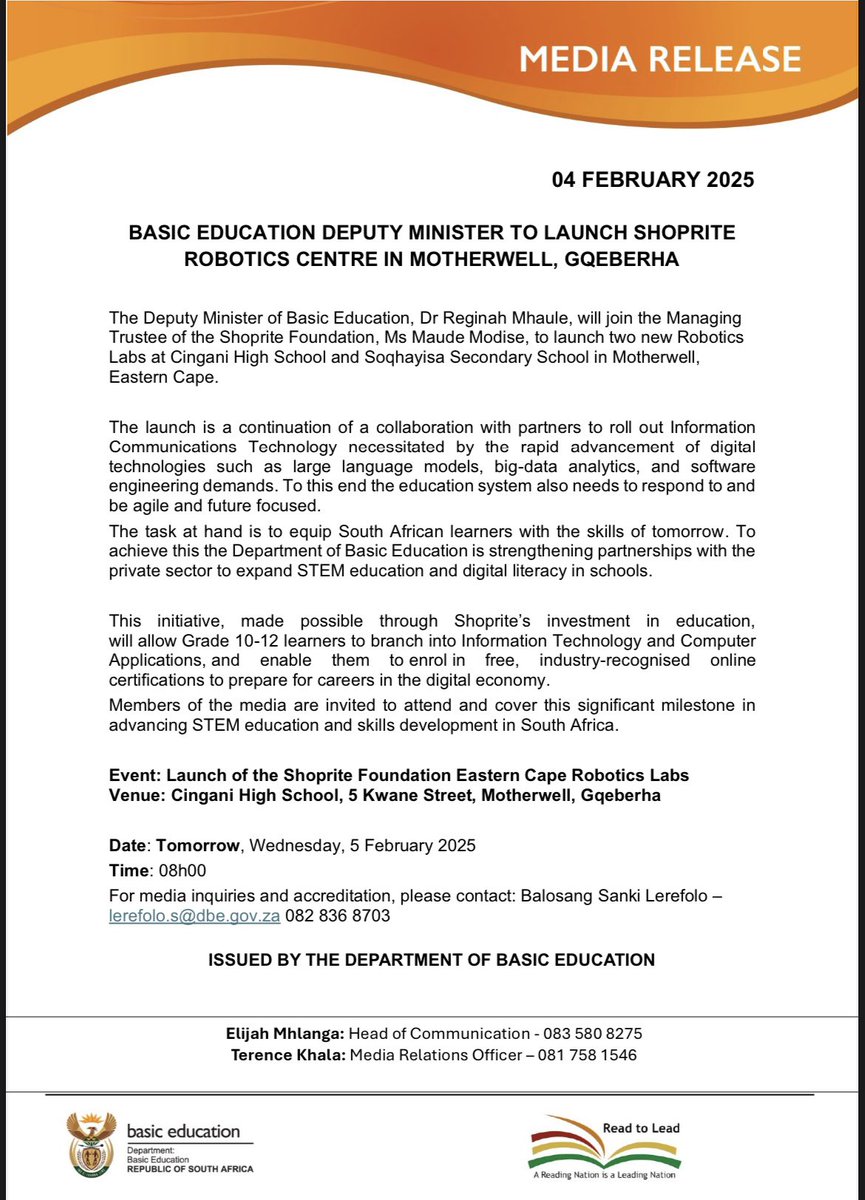 ReginahMhaule's tweet image. This morning, I am in Motherwell, Gqeberha to join the Shoprite Foundation to launch two new Robotics Labs at Cingani High School &amp;amp; Soqhayisa Secondary School #GovZAUpdates #EducationMatters #CodingAndRobotics