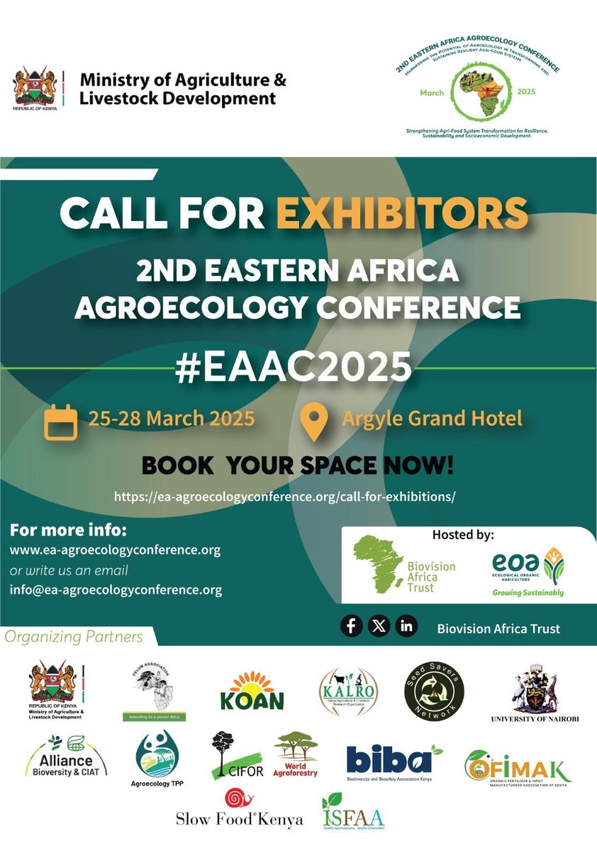KcoaKhea's tweet photo. 📞 Interested in Exhibiting at #EAAC2025 ?
Showcase your products,make direct sales,&network with industry leaders in Agroecology! 🥬🌽
🗓️25-27 Mar 2025
📍Argyle Grand Hotel,Nairobi
🌐Register:https://t.co/l8VpJaTJtk
#CallForExhibitors #ProductSales #Networking #Agroecology https://t.co/XrL6o7GSA3
