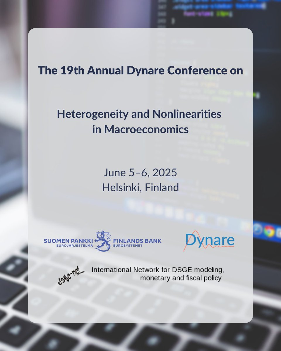 Suomen Pankki (@suomenpankki) on Twitter photo Call for Papers! Bank of Finland organises together with <a href="/DynareTeam/">DynareTeam</a> and DSGE-net the 19th Annual Dynare Conference on June 5–6, 2025. Keynote speeches by Matteo Iacoviello <a href="/IacoIacoviel/">Matteo Iacoviello</a> and <a href="/LeonardoMelosi/">Leonardo Melosi</a>. Read more: suomenpankki.fi/en/news-and-to… Call for Papers! Bank of Finland organises together with <a href="/DynareTeam/">DynareTeam</a> and DSGE-net the 19th Annual Dynare Conference on June 5–6, 2025. Keynote speeches by Matteo Iacoviello <a href="/IacoIacoviel/">Matteo Iacoviello</a> and <a href="/LeonardoMelosi/">Leonardo Melosi</a>. Read more: suomenpankki.fi/en/news-and-to…