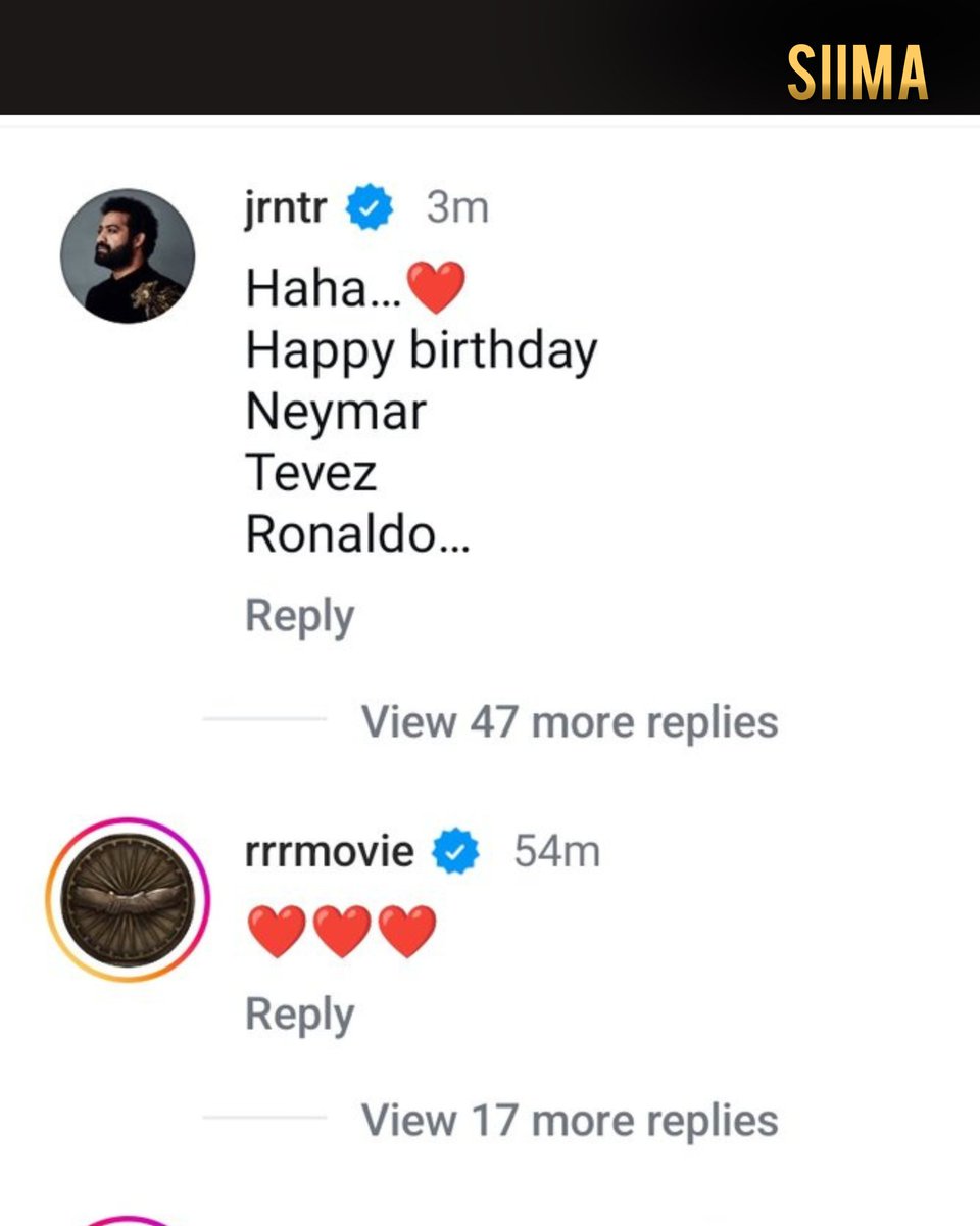 siima's tweet photo. Actor Jr. NTR recently commented on FIFA’s celebratory post featuring Neymar, Tevez, and Ronaldo. His playful response, “Haha…❤️ Happy birthday Neymar, Tevez, Ronaldo…” reflects his wit and charm, resonating with fans worldwide. The FIFA World Cup’s creative tribute added to the excitement, showcasing how global icons unite sports and entertainment.
@tarak9999 @neymarjr @Cristiano
#JrNTR #FIFAWorldCup #Neymar #Tevez #Ronaldo #GlobalIcons #FootballAndCinema #SportsAndEntertainment #BirthdayVibes #RRRMovie #siima