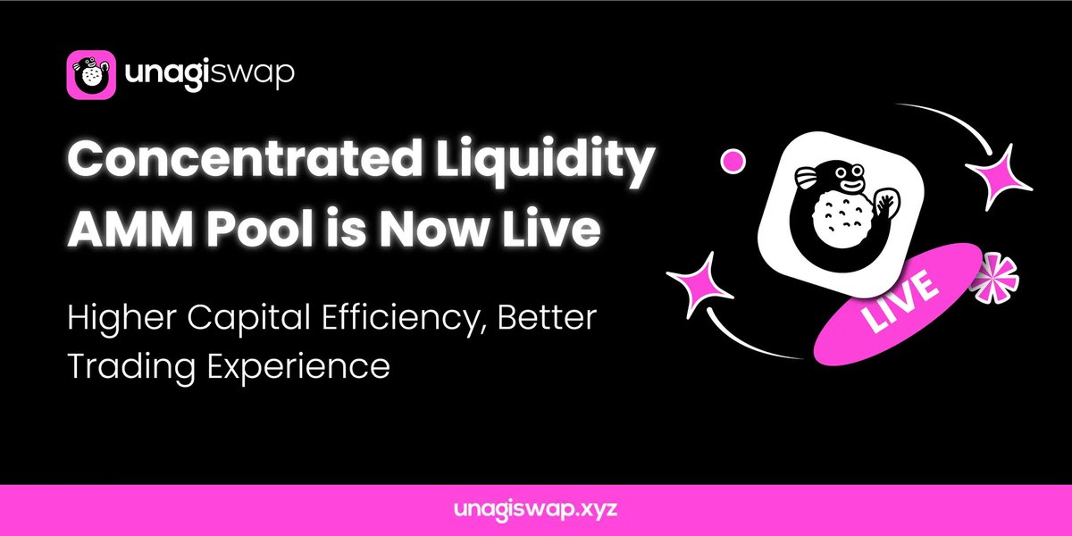 Unagi (@unagi_swap) on Twitter photo We are excited to announce that UnagiSwap now supports concentrated liquidity AMM pools on <a href="/taikoxyz/">Taiko.eth ๐ฅ</a>, bringing higher capital efficiency and improved trading performance to our users. ๐ฃ
Next, we will launch a liquidity incentive program, allowing LPs to earn even more rewards. We are excited to announce that UnagiSwap now supports concentrated liquidity AMM pools on <a href="/taikoxyz/">Taiko.eth ๐ฅ</a>, bringing higher capital efficiency and improved trading performance to our users. ๐ฃ
Next, we will launch a liquidity incentive program, allowing LPs to earn even more rewards.