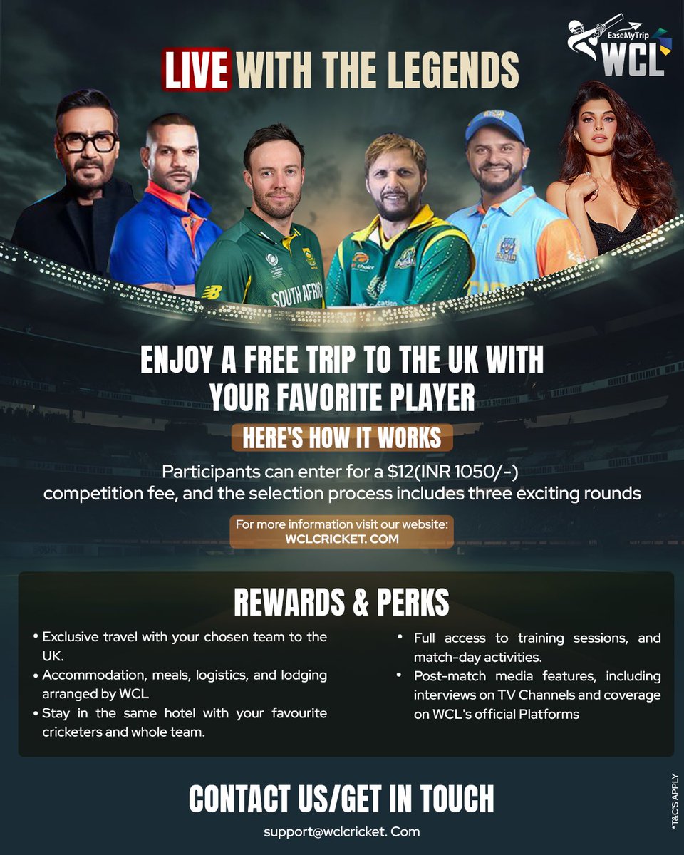 WclLeague's tweet photo. Dream. Fly. Live with Legends!✨
Want a FREE trip to the UK with your favorite cricketers? 🏏

Get ready-forms go live on 15th Feb! 

Stay tuned, stay hyped, and catch all the updates at https://t.co/srQ2DK4Be4.
.
.
.
.

#wcl #wcl2025 #wcllwl #trending
#cricket #cricketlovers #worldchampionshipoflegends #livewiththelegends