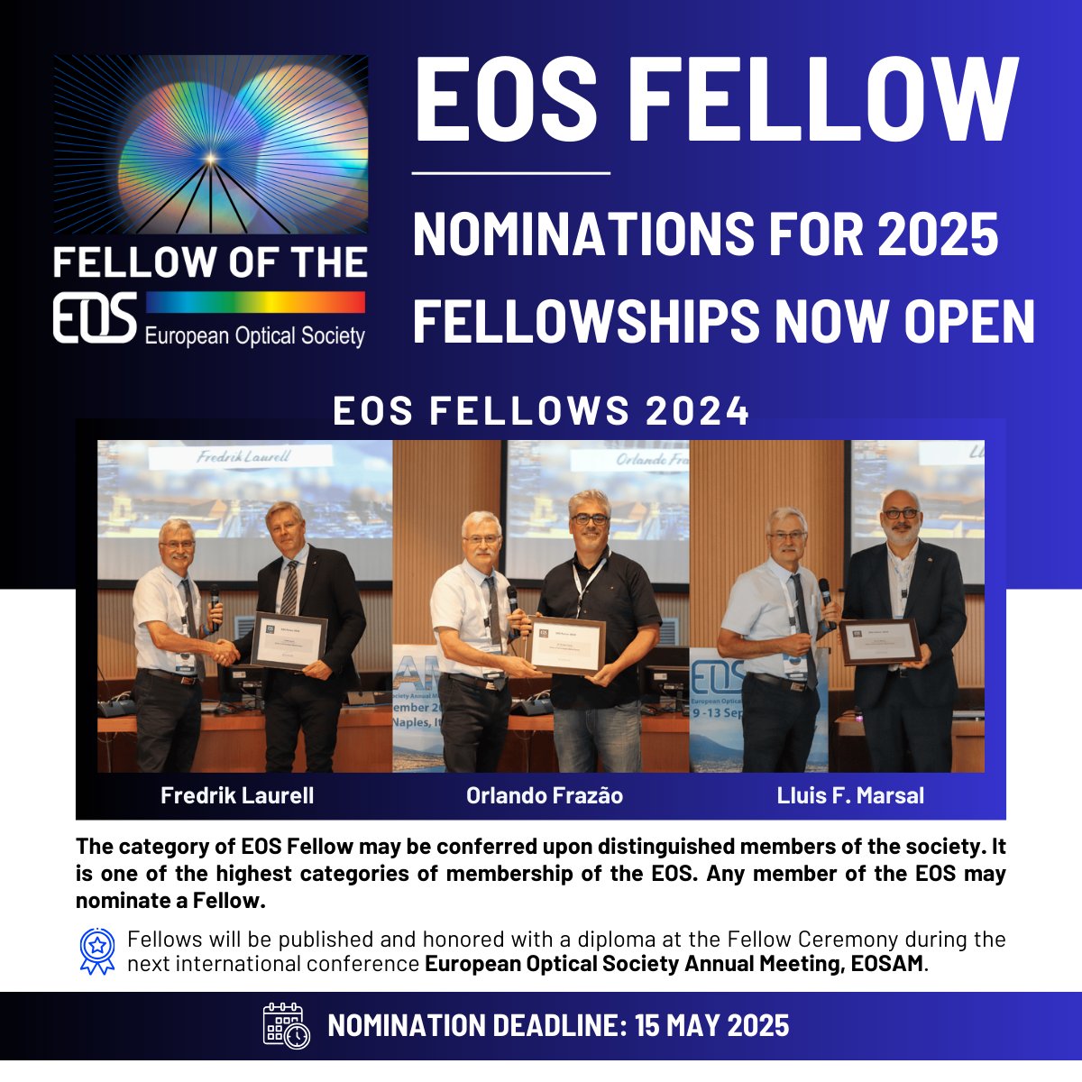 Call for Nominations: EOS Fellow 2025!🏅

This honor recognizes outstanding contributions to optics and photonics.
📩 Nominate a deserving colleague and help us celebrate excellence in the field!

🔗 Nomination form: forms.gle/ySZA6nLnQhS9Ag…
🔗 More info: europeanoptics.org/pages/distinct…