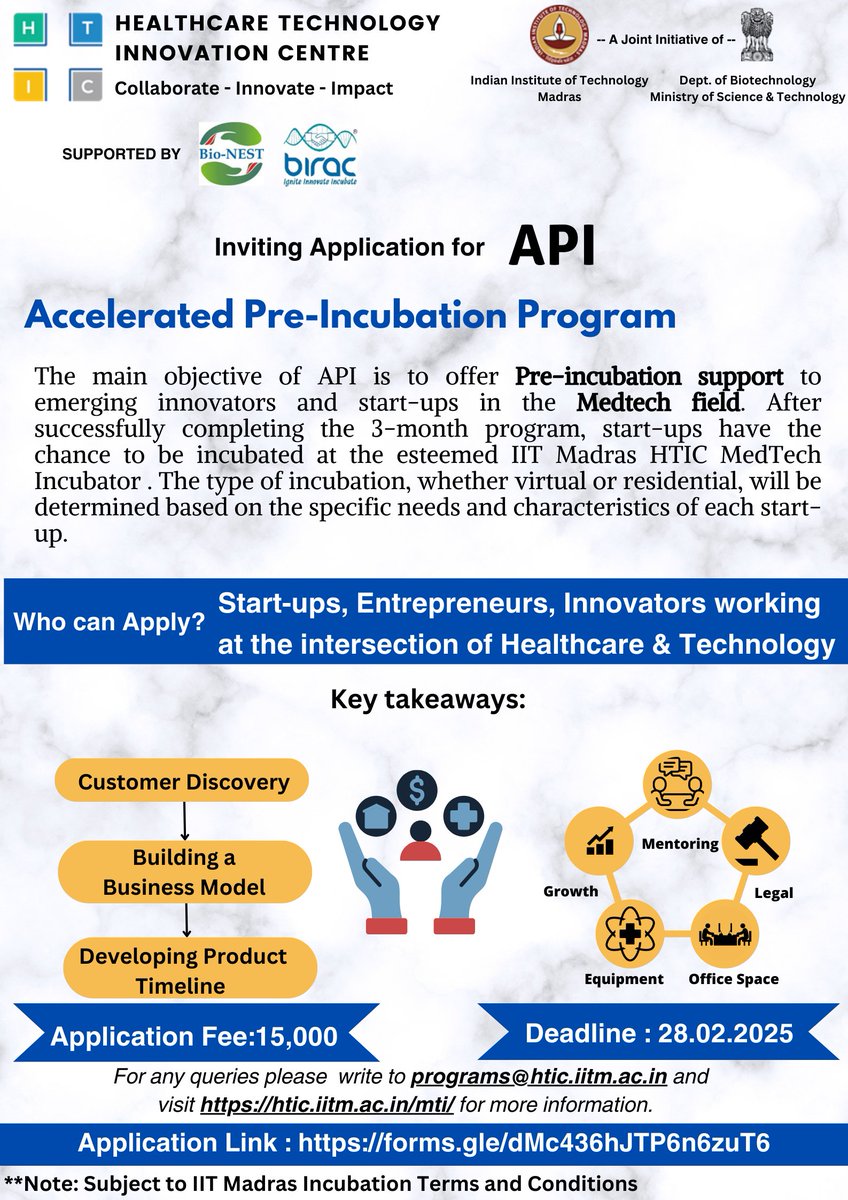 IITM HTIC MedTech Incubator (@htic_s) on Twitter photo Attention all healthcare entrepreneurs! Ready to turn your ideas into reality? Join API program.
Register here: forms.gle/dMc436hJTP6n6z……
<a href="/Vibazone/">Muthu Singaram</a> <a href="/IITMIC/">IIT Madras Incubation Cell</a> <a href="/iitmadras/">IIT Madras</a> <a href="/iitm_respark/">IIT Madras Research Park</a> <a href="/TNBiocluster/">TN Bionest Cluster</a> <a href="/IndiaDST/">DSTIndia</a> <a href="/BIRAC_2012/">DBT-BIRAC</a> Attention all healthcare entrepreneurs! Ready to turn your ideas into reality? Join API program.
Register here: forms.gle/dMc436hJTP6n6z……
<a href="/Vibazone/">Muthu Singaram</a> <a href="/IITMIC/">IIT Madras Incubation Cell</a> <a href="/iitmadras/">IIT Madras</a> <a href="/iitm_respark/">IIT Madras Research Park</a> <a href="/TNBiocluster/">TN Bionest Cluster</a> <a href="/IndiaDST/">DSTIndia</a> <a href="/BIRAC_2012/">DBT-BIRAC</a>
