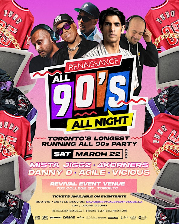 Renaissance - ALL 90's, All night. Toronto's longest running All 90's party at <a href="/RevivalBarEvent/">Revival Event Venue</a> March 22nd. Feat. Mista Jiggz, @4korners, Danny D, <a href="/djagile/">DJ Agile</a> &amp; DJ Vicious.

Info &amp; tickets: revivaleventvenue.ca/event/renaissa…
#hiphop #funk #torontonightlife #1990sMusic #90sjams