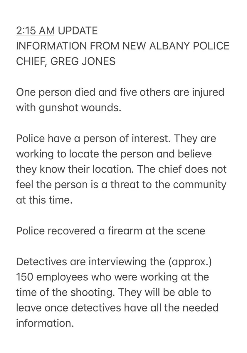 Isabelle Hanson (@isabellewsyx6) on Twitter photo BREAKING NEWS: SHOOTING IN NEW ALBANY AT KDC/ONE WAREHOUSE
One person died and five others are injured with gunshot wounds, according to the New Albany Police Chief.
The person of interest is not in custody.
🔗: abc6onyourside.com/news/local/lar… <a href="/wsyx6/">WSYX ABC 6</a> <a href="/fox28columbus/">FOX 28 Columbus</a> BREAKING NEWS: SHOOTING IN NEW ALBANY AT KDC/ONE WAREHOUSE
One person died and five others are injured with gunshot wounds, according to the New Albany Police Chief.
The person of interest is not in custody.
🔗: abc6onyourside.com/news/local/lar… <a href="/wsyx6/">WSYX ABC 6</a> <a href="/fox28columbus/">FOX 28 Columbus</a>