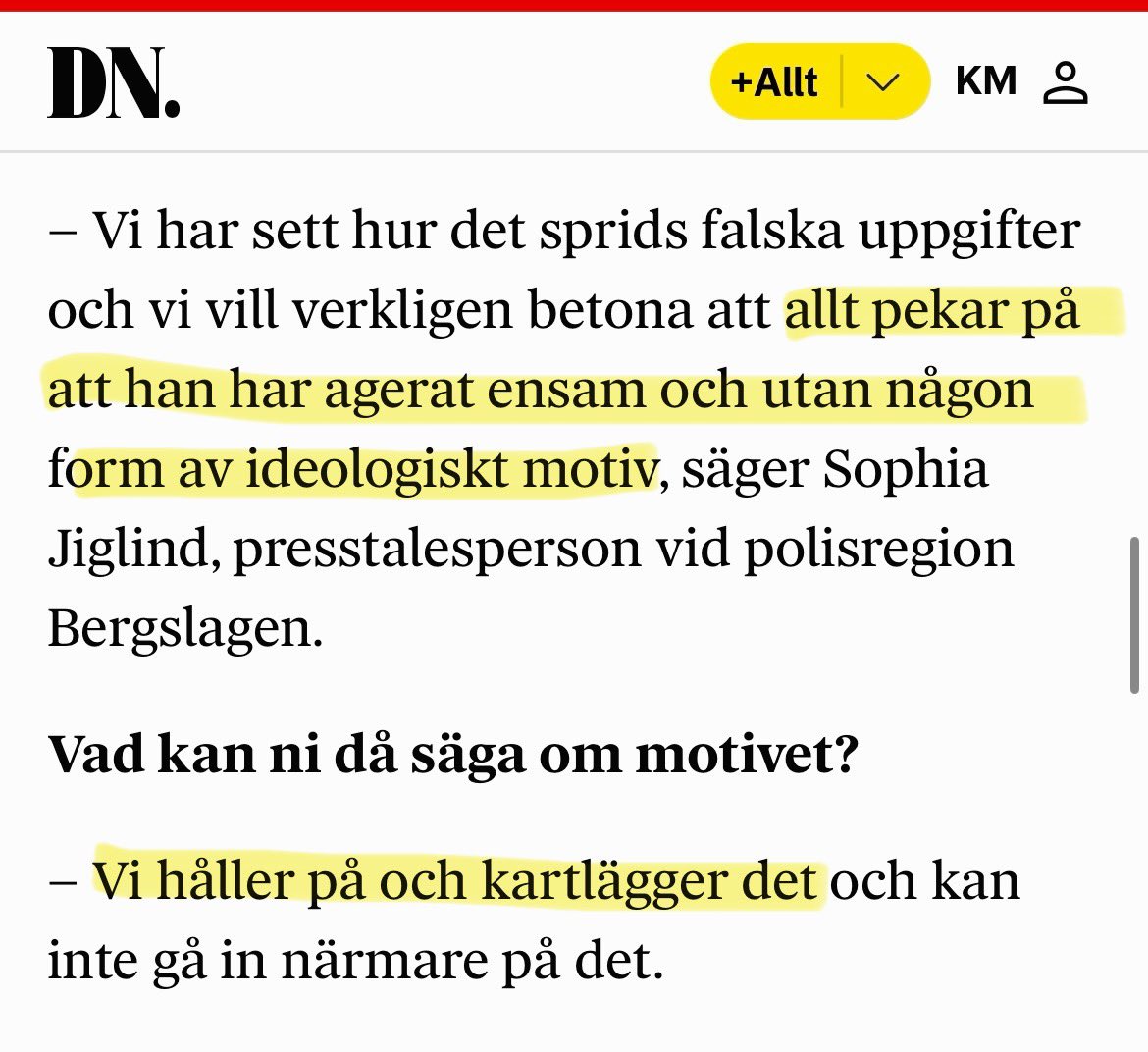 Jonas Wikström (@jonas_wikstrom) on Twitter photo Att avfärda ideologiska motiv samtidigt som kartläggning av motivet pågår kan låta märkligt, tills man inser att det bara betyder att gärningsmannen inte var muslim. Polisen gjorde exakt samma slags uttalanden efter Visbyattentatet 2022. Att avfärda ideologiska motiv samtidigt som kartläggning av motivet pågår kan låta märkligt, tills man inser att det bara betyder att gärningsmannen inte var muslim. Polisen gjorde exakt samma slags uttalanden efter Visbyattentatet 2022.