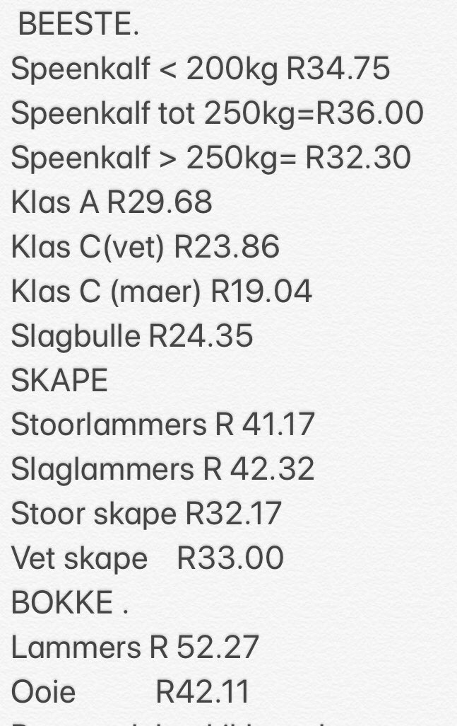 vleisprys's tweet photo. BEST PRICES FOR LIVESTOCK IN THE NORTHERN FREE STATE. WEEK ENDING 5th Feb 2025.
Prices are stable. Exports are our biggest hope. It is only a week from F&amp;M restrictions on exports of live animals being lifted. https://t.co/ow0uzZzqIU