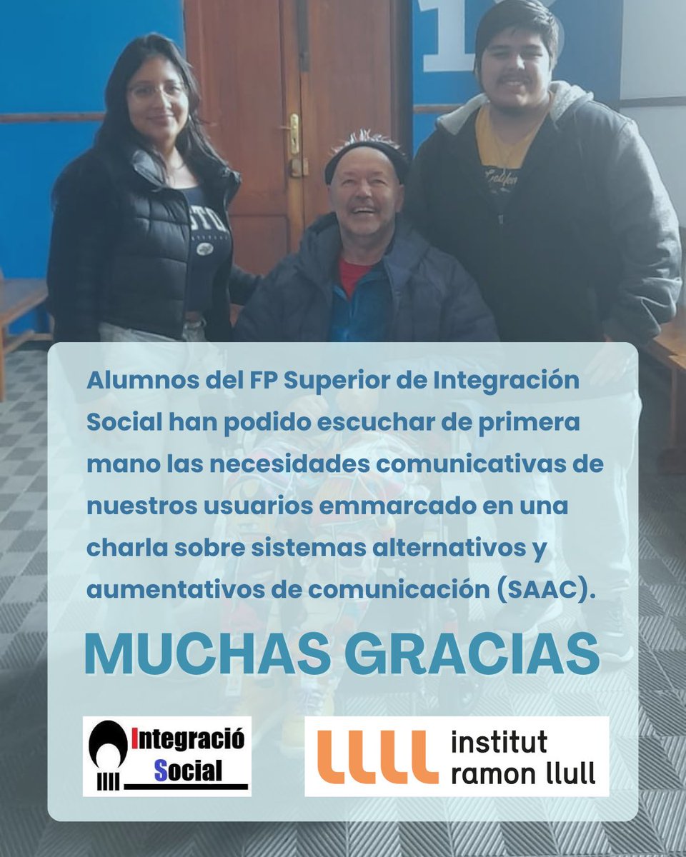 Ayer tuvimos el gusto de asistir a una charla sobre Sistemas Alternativos y Aumentativos de Comunicación (SAAC) en el FP Superior de Integración Social del IES Ramon Llull.

🗣️ Durante la sesión, compartimos con una veintena de alumnos/as el trabajo que realizamos desde ⤵️
