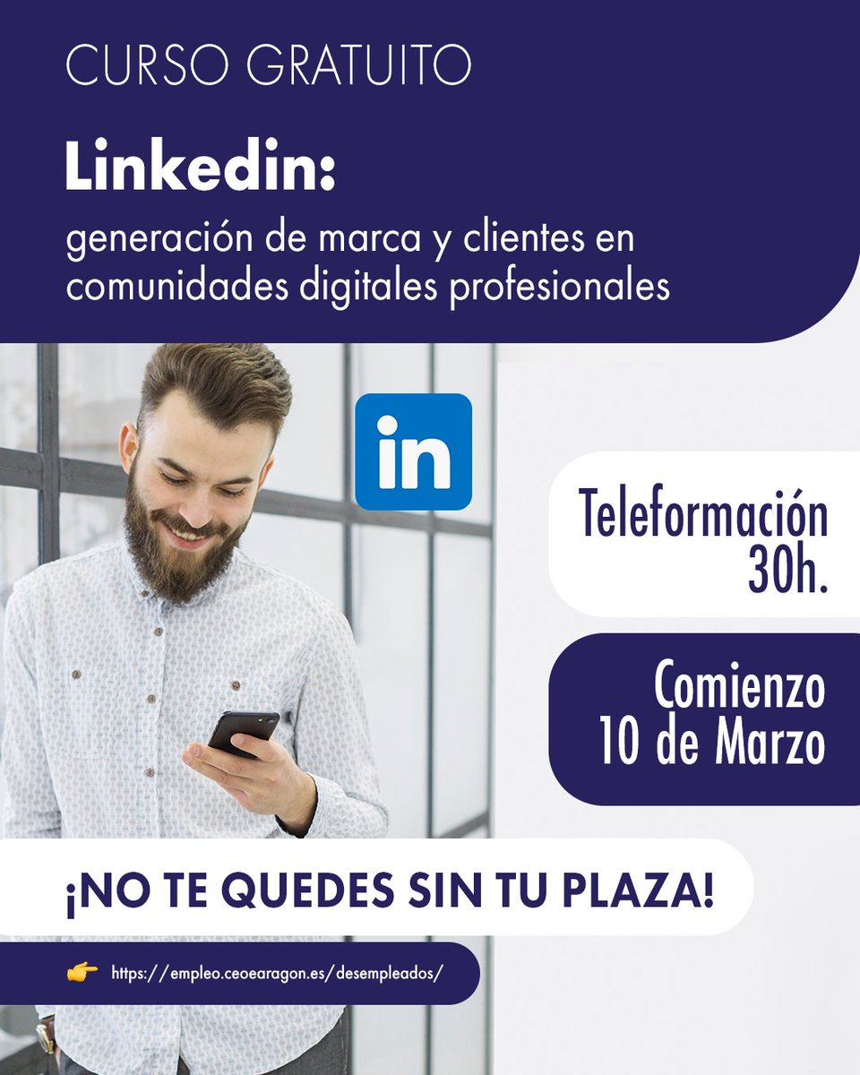✔️ Aprende todos los secretos sobre Linkedin, la red social para profesionales, con nuestro curso gratuito de “Linkedin: generación de marca y clientes en comunidades digitales profesionales”

➡️ empleo.ceoearagon.es/cursos/linkedi…

@‌inaempleo <a href="/ceoearagon/">CEOEAragon</a>