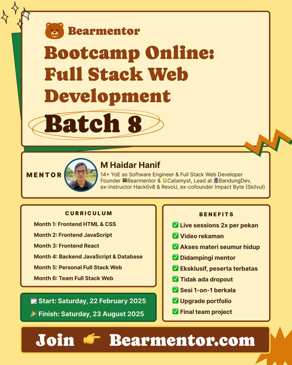 mhaidarhanif's tweet photo. ✨ Batch 8 di 🐻Bearmentor: Full Stack Web Development Online Bootcamp akan segera mulai!

🗓️ Sabtu 22 Februari 2025
🕐 13:00-17:00 WIB

ℹ️ Info selengkapnya di https://t.co/OEgwAiEGQN

📝 Daftar di https://t.co/OeQ4Xykx3Y

✨ Diskon terbatas sebelum 16 Februari 2025 https://t.co/ld3tvbBeFt