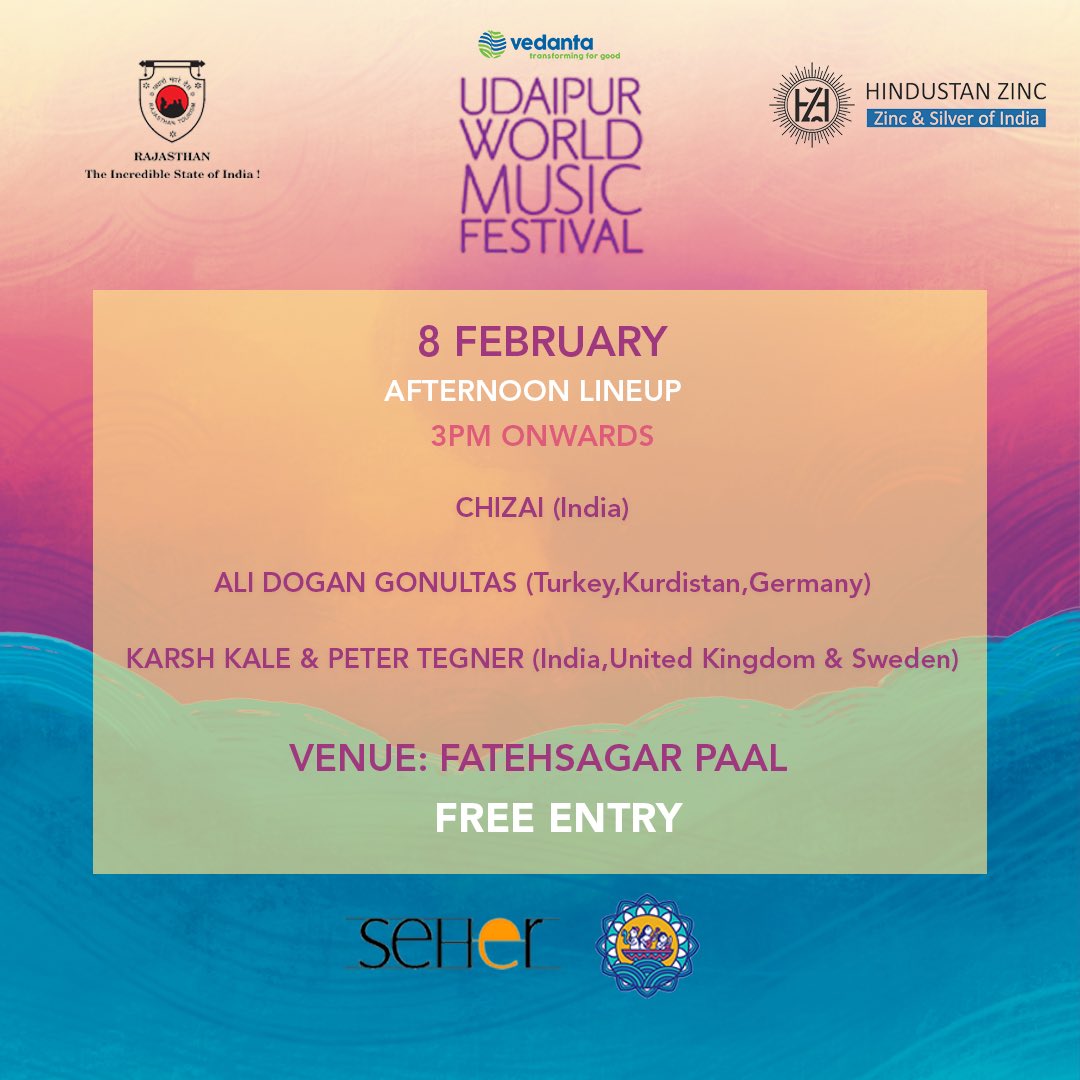 🎟️FREE ENTRY 8th FEB - AFTERNOON STAGE LINEUP

Join us at Fatehsagar Paal from 3 PM onwards for an unforgettable afternoon of global music with Chizai (India), Ali Dogan Gonultas (Turkey, Kurdistan, Germany) and Karsh Kale &amp; Peter Tegner (India, UK &amp; Sweden)

🌟 FREE ENTRY– Just