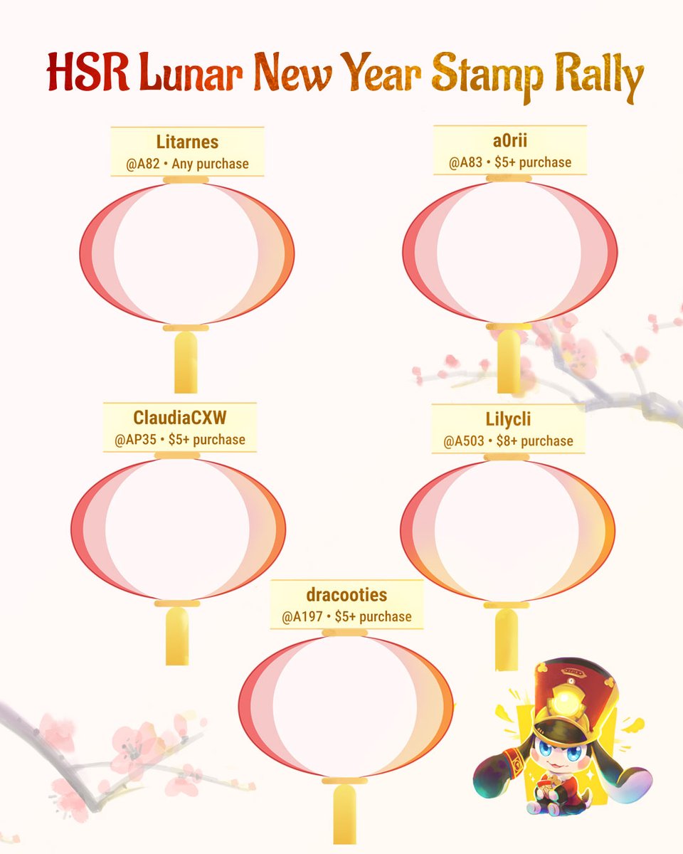 Join our HSR Lunar New Year rally at #Megacon 🎊
Collect a stamp at any of the participating tables to get started!

Artists:
A82 - <a href="/litarnes/">Litarnes @ Anime Boston A101</a>
A83 - <a href="/a0rii/">青lily 🌸</a>
AP35 - <a href="/claudiacxw_/">claudiacxw</a>
A503 - @Lilycli
A197 - <a href="/dracooties/">🦎 Draco 🔜 Megacon, Sakura-Con</a>