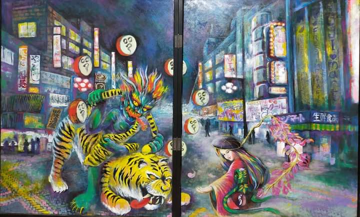 油彩「雷神と藤娘」