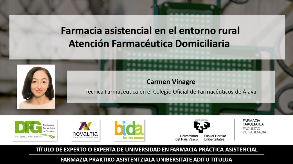 FarmasistEhu's tweet photo. Carmen Vinagre, técnica farmacéutica del @COFAlava abordará esta tarde un tema de gran interés: la farmacia asistencial en el entorno rural y la atención farmacéutica domiciliaria.
#farmaciaasistencial, #atenciónfarmacéutica https://t.co/trpSStG8OR