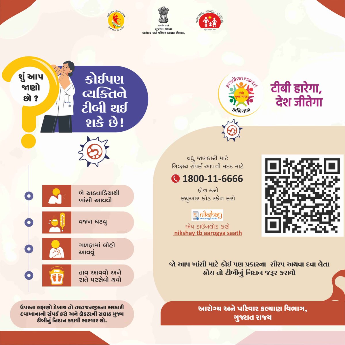 કોઈપણ વ્યક્તિને #ટીબી થઇ શકે છે, 
ગભરાવાની જરૂર નથી.  ટીબી મટી શકે છે !
 જાગૃત રહો, પોતાનો ખ્યાલ રાખો. 
વહેલી તકે નજીકના સરકારી આરોગ્ય કેન્દ્રમાં તપાસ અને સારવાર મેળવો.  
વધુ જાણકારી માટે નિ:ક્ષય સંપર્ક આપની મદદ માટે 📞1800-11-6666 ફોન કરો, અથવા કયુઆર કોડ સ્કેન કરો.
 #EndTBnow