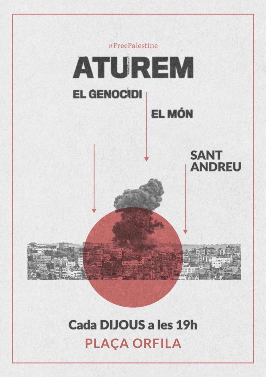 Demà dijous seguirem amb les concentracions a la Plaça Orfila a les 19 h en suport a una #PalestinaLliure, cada vegada amb més forca si cal. Ara amb un altre actor feixista com són les declaracions del president Trump.