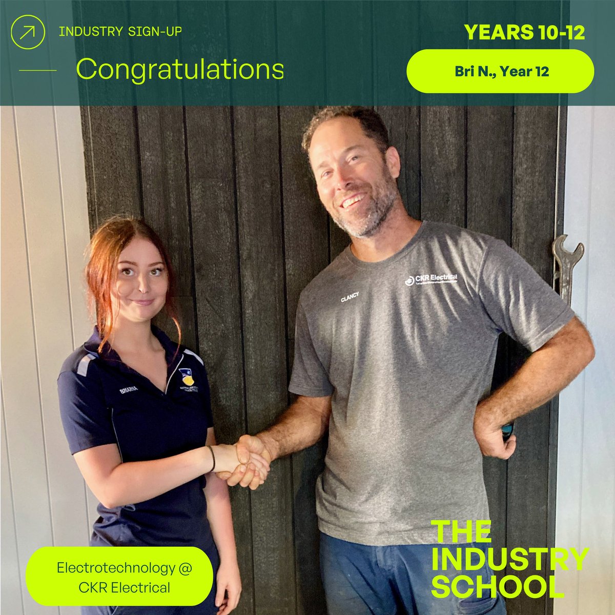 Apprenticeship secured ✅ Congrats to Bri on her school-based electrical apprenticeship at CKR Electrical! Her determination and positive attitude shone during work experience. It's a big year for Bri with Yr 12 QCE and graduation ahead. We know she will go far! #apprentice