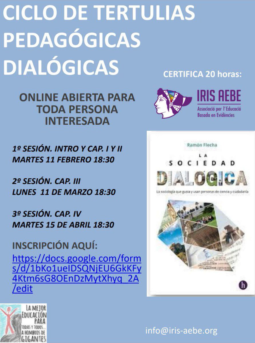 Tenemos el placer de compartir este ciclo de tertulias pedagógicas dialógicas online ✨ Sociedad Dialógica <a href="/R_Flecha/">Ramón Flecha</a> 

Se certifican por la Conselleria de educación a través de Iris Aebe como entidad colaboradora.

Enlace de inscripción: docs.google.com/forms/d/1bKo1u…