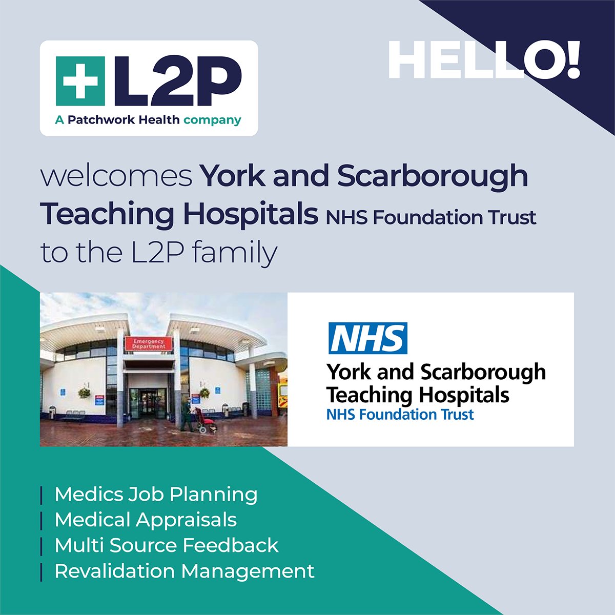 More exciting news!
L2P Enterprise Ltd. is excited to be working with York and Scarborough Teaching Hospitals NHS Foundation Trust for medics job planning, medical appraisals, and revalidation.
Making a meaningful change in workforce and supporting better outcomes across the NHS.