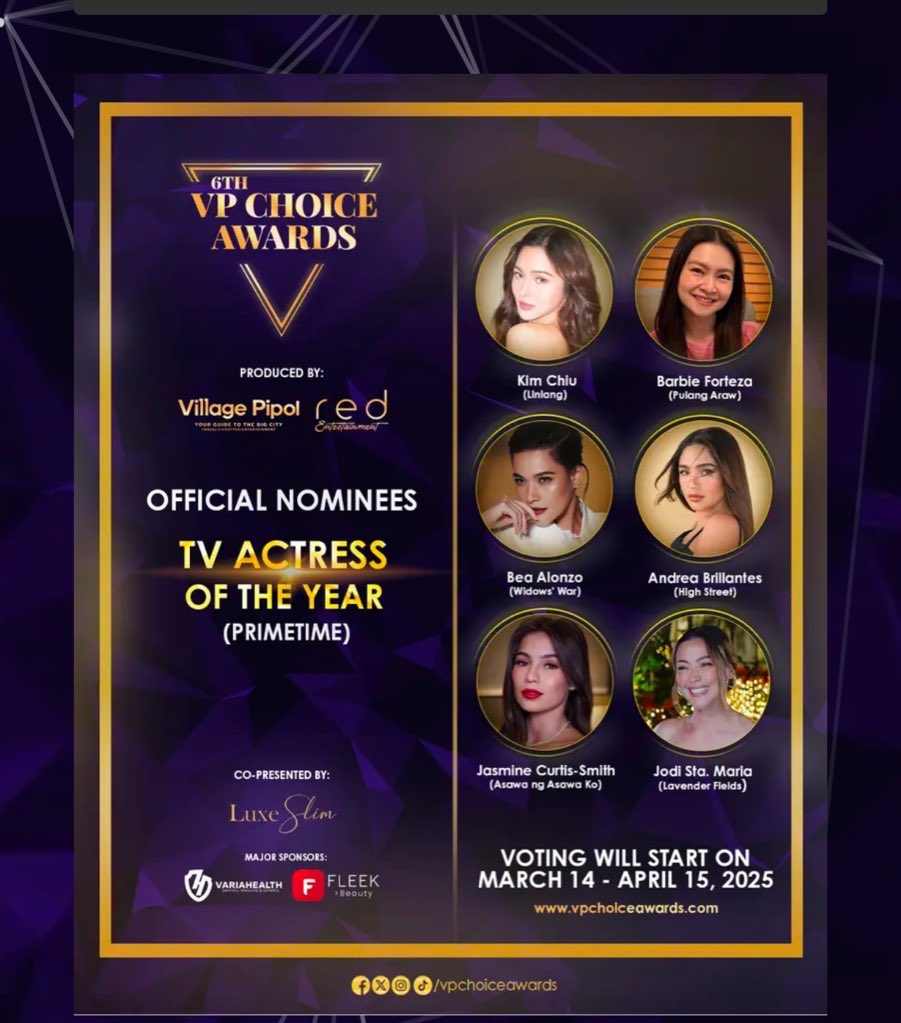 Andrea Brillantes is nominated for  TV Actress of the Year  at the VP Choice Awards 2025 for Television for her role in #HighStreet  

Votings will begin on March 14  - April 15💛