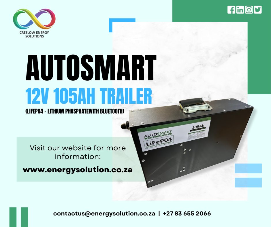 CreslowSolution's tweet image. AUTOSMART 12V 105 Trailer Battery – Harness the sun’s energy and store it for when you need it. Let’s be more respectful to Earth with clean energy storage. 🌍☀️

#creslowenergy #energysolution #autosmart #greenenergy #cleanenergy #energystorage #proudlysa