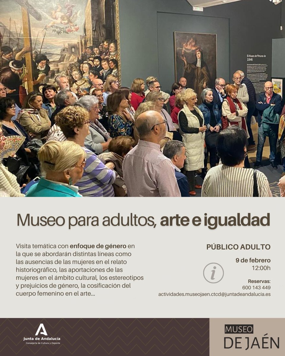 Apúntate a una visita con enfoque de género en el Museo de Jaén

Conoce las aportaciones de las mujeres en el ámbito cultural, los estereotipos y prejuicios de género, la cosificación del cuerpo femenino en el arte ...

📆 9 de febrero a las 12:00h
#museodejaén #igualdaddegénero