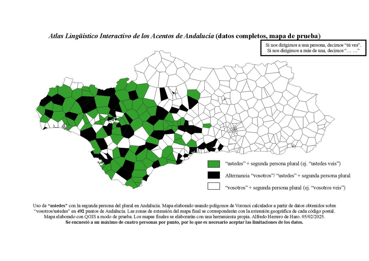 AHerrerodeHaro's tweet photo. ¿Dices "vosotros veis" o "ustedes veis"?
El único mapa del "Atlas Lingüístico Interactivo de los Acentos de Andalucía" que no se centra ni en fonética ni en fonología es el primero que he hecho. Se usará una herramienta propia para el mapa definitivo. https://t.co/9asGklu6O3