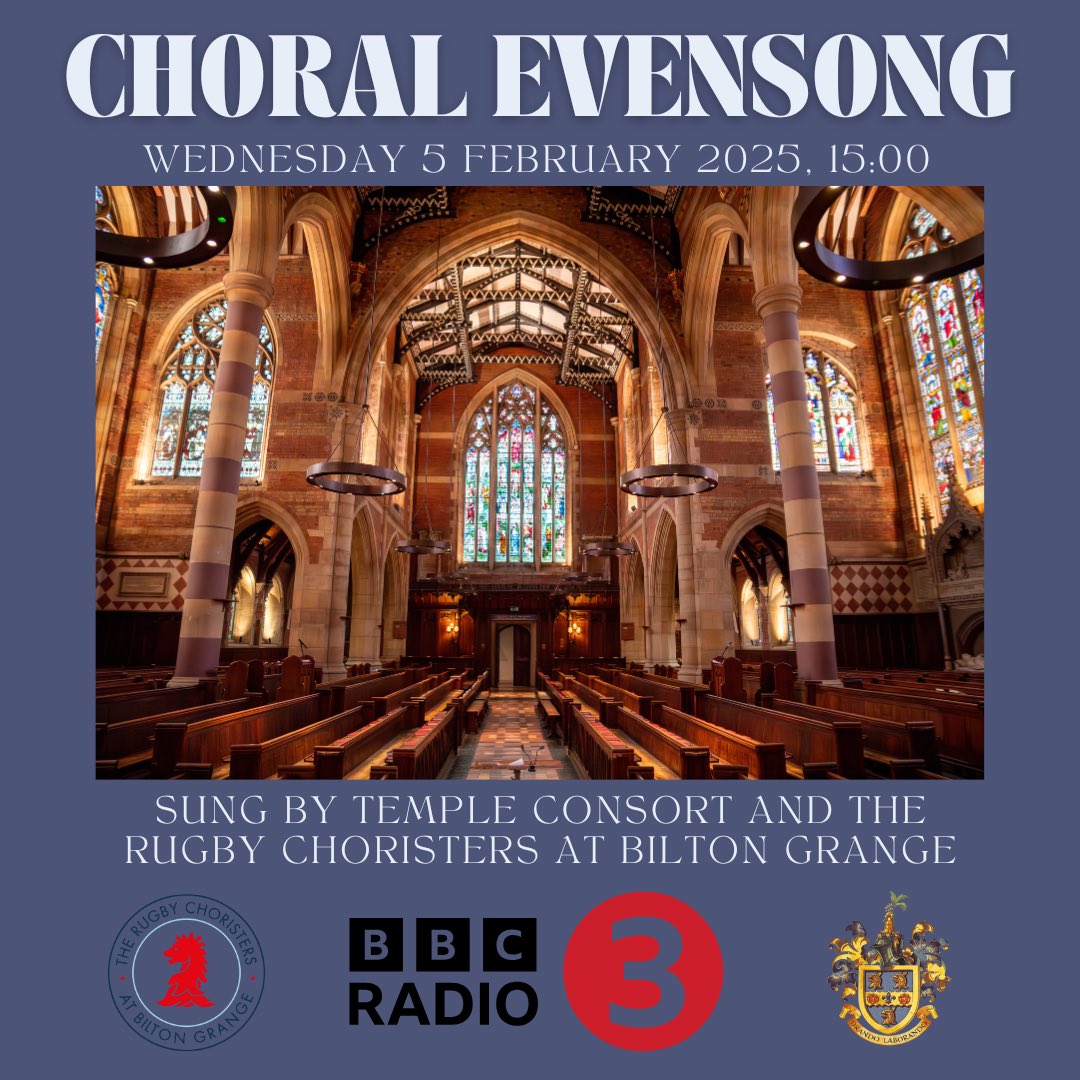 Today is the day! Catch the Rugby School Temple Consort combined with the Rugby Choristers at Bilton Grange and Lay Clerks singing Evensong on BBC Radio 3!

Listen Live: bbc.co.uk/programmes/m00…