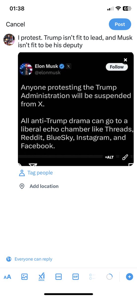 Still protesting <a href="/elonmusk/">Elon Musk</a> still protesting. <a href="/realDonaldTrump/">Donald J. Trump</a> isn’t fit to run the fryer at McDonalds and <a href="/elonmusk/">Elon Musk</a> should stick to blowing up rockets