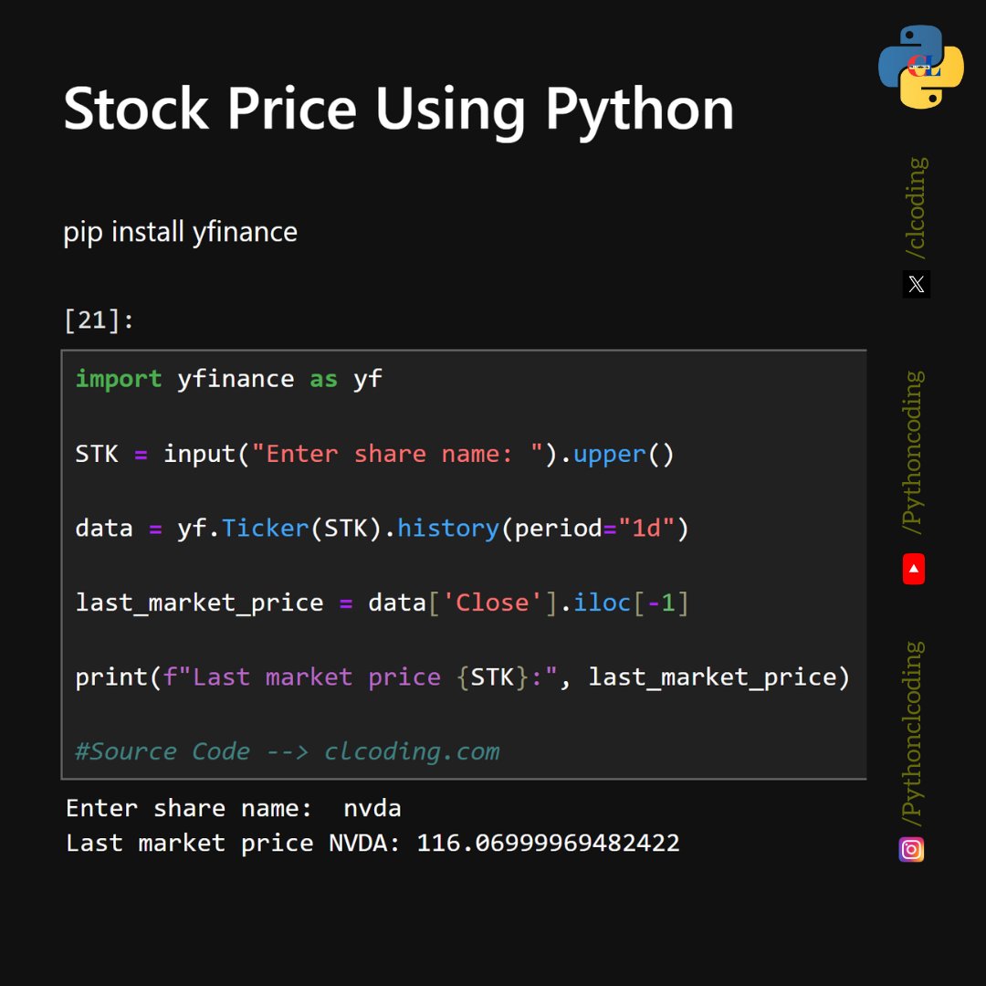 clcoding's tweet photo. Stock Price Using Python https://t.co/TGP5r9aseN