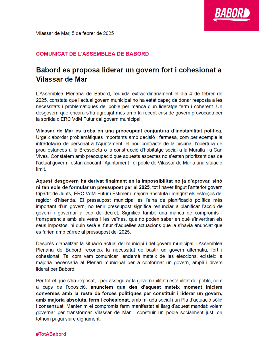 babordvdm's tweet photo. 📢 COMUNICAT DE L'ASSEMBLEA DE BABORD 📢

➡️ Iniciem converses amb la resta de forces polítiques per liderar un govern fort i cohesionat a #VilassarDeMar.

➡️ L’actual govern municipal no ha estat capaç de donar resposta a les necessitats i problemàtiques del poble.

#TotABabord https://t.co/Yhhpmn7c6z