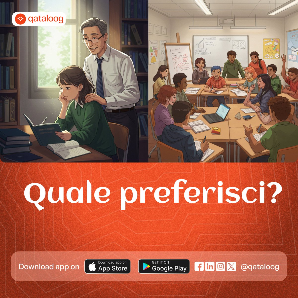 qataloog's tweet photo. Italian Wednesday!💪
Qual è il modo migliore per imparare?
Lezioni individuali o di gruppo
Quale preferisci? Condividi i tuoi pensieri nei commenti qui sotto!
#Qataloog #LearningStyles #OneOnOne #GroupLessons #Education #PersonalizedLearning https://t.co/I6ToJEqAHh