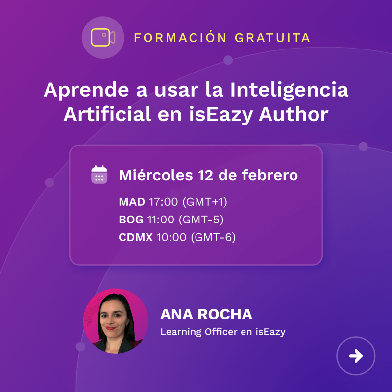 isEazy's tweet photo. ¿Aún no te has inscrito a la #formación gratuita para sacarle el máximo partido a la #IA en nuestra herramienta de autor? No esperes más, este 12 de febrero tienes una cita con Ana Rocha para crear experiencias de aprendizaje únicas en #isEazyAuthor👉 https://t.co/0USjjlvPkm