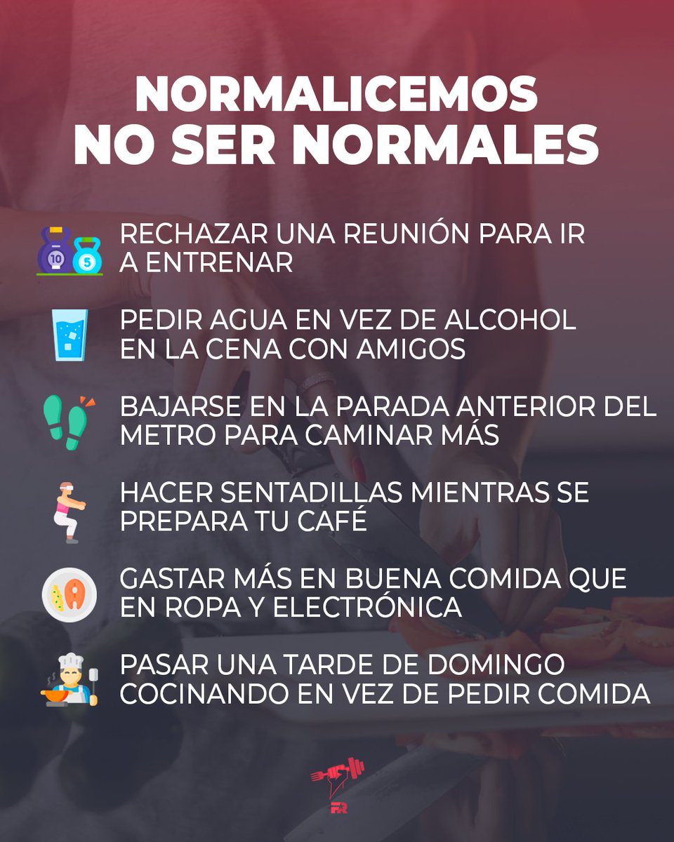 Cuidar la salud y mejorar nuestra vitalidad requiere tomar decisiones poco comunes.

En esta sociedad, lo normal es no entrenar, comer mal y tener sobrepeso.

Por tanto, para tener buena salud, debemos dejar de ser normales.