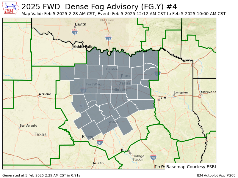 Weatherboy_24's tweet photo. FWD updates Dense Fog Advisory (expands area to include 12 zones, continues 22 zones) till Feb 5, 10:00 AM CST https://t.co/YiFWp1O7a6 https://t.co/sR0GttQWgQ