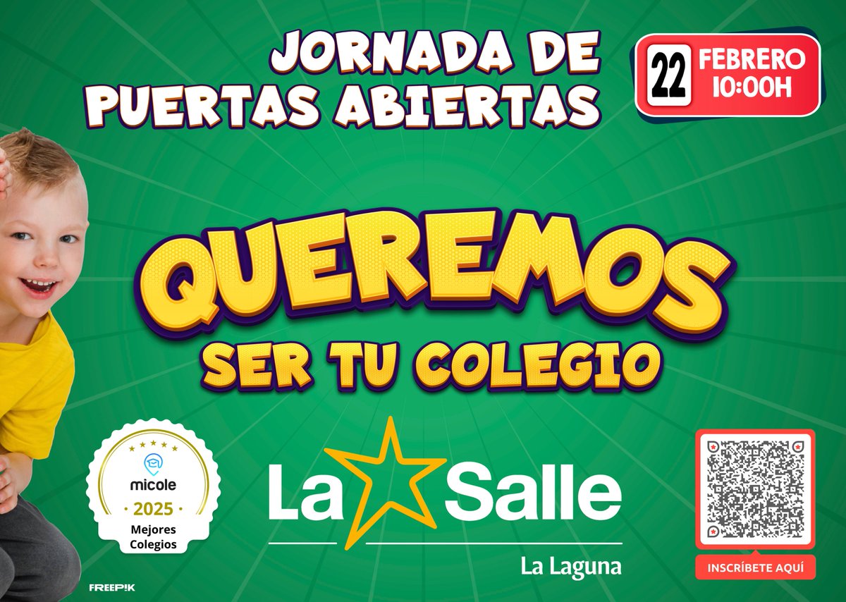 🌟¡Ven a nuestra Jornada de Puertas Abiertas!🌟

🗓️22 de febrero 
⏰10:00 horas 

😄👉INSCRÍBETE AQUÍ: docs.google.com/forms/d/e/1FAI…  #LaSalle #LaSalleLaLaguna #SomosLaSalle #Educación
