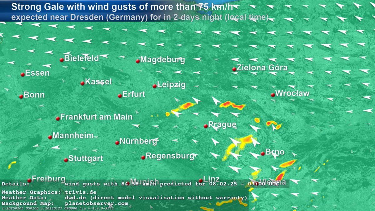 ASKMeteo's tweet photo. ICON model contains significant #weather #wetter of type "#StrongGale" with wind gusts of more than 75 km/h near #Dresden (#Germany) for in 2 days night given in local time. The ICON forecast data predicts wind gusts with 84.58 km/h for 08.02.25 - 03:00 UTC. https://t.co/CrFztKwCUb